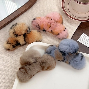 Set of 4 large faux rabbit fur claw clips with leopard print in various cozy colors