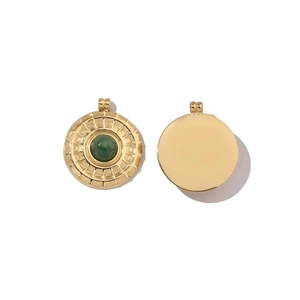 Polished gold stainless steel heart necklace pendant with green natural stone inlay