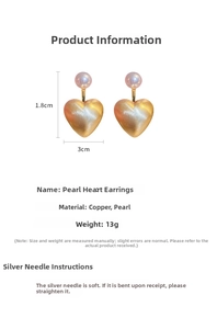Detailed size specifications of gold heart pearl earrings with 1.8cm x 3cm dimensions