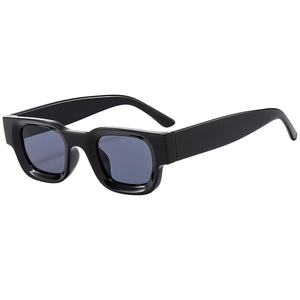 Retro square thick frame sunglasses with dark grey lenses and black glossy finish