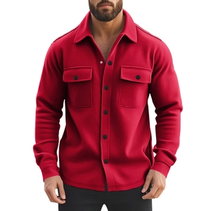 Detail of red fleece-lined jacket featuring heavy wool texture and black buttoned pockets