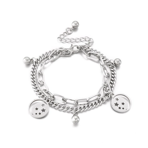 Double-layered stainless steel star bracelet with cuban links and small round bead charms