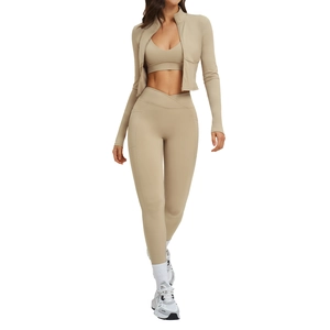 Three-piece women's seamless fitness set with zip jacket, sports bra, and V-waist leggings