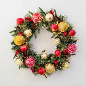 45cm Nordic Christmas wreath with LED lights, red and gold ornaments, and pine cones
