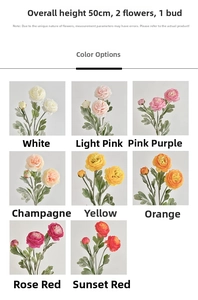 Detail grid of realistic faux Ranunculus flowers in eight colors including pink and white