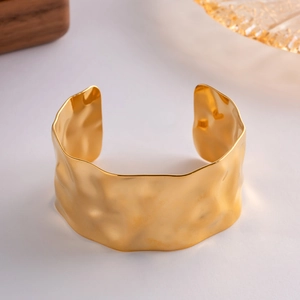 Wide minimalist 18K gold stainless steel cuff bracelet with vintage hammered texture