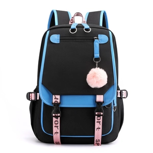 Sac à dos d'école minimaliste noir et bleu avec rubans roses et pendentif pompon