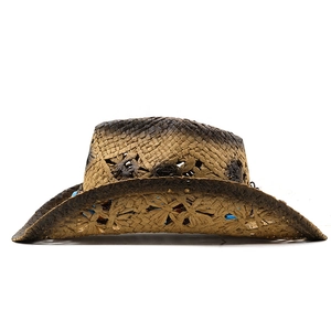 Detail of hand-woven straw cowboy hat featuring intricate hollow flower patterns