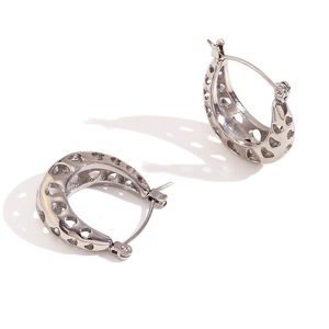 Silver hollow heart-shaped stainless steel hoop earrings with high-polish metallic finish