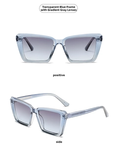 Front and side views of square sunglasses with transparent blue frames and grey gradient lenses