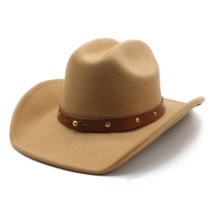 Western Cowboy Hat Vintage Wide Brim Woolen Felt Fedora With Leather Rivet Band For Men Women
