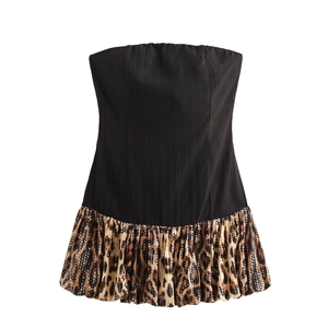Trägerloses Minikleid Leopardenmuster Pailletten Patchwork Slim Fit Party Bodycon Für Damen