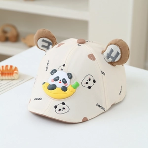 Detail of baby cotton beret with 3D banana panda patch and cute plush bear ears