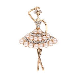 Elegant gold ballerina brooch featuring faux pearls and sparkling crystal rhinestones