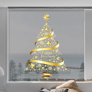 Golden Christmas tree window sticker with Merry Christmas text for festive glass decor