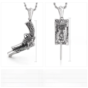 Detail view of retro punk stainless steel revolver and tank pendants for men