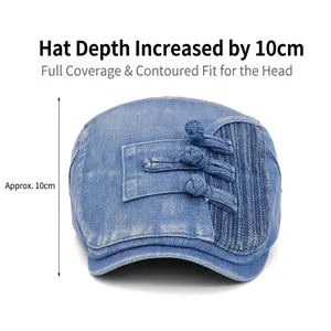 Retro washed denim flat cap for women and men with decorative Chinese knot buttons