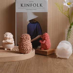 3D hedgehog silicone mold and finished handmade candles with realistic fur textures