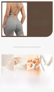 Detail showing grey one-piece fitness jumpsuit with breathable high-elastic fabric textures
