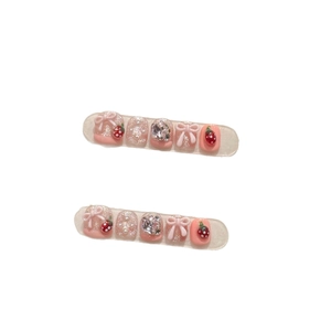 Handmade 3D cute strawberry press-on nails for kids with pink glitter and white bows