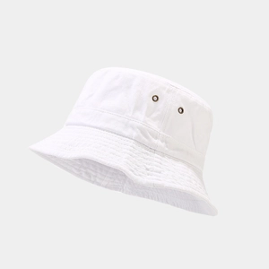 Close-up of white cotton twill bucket hat with metal ventilation eyelets and neat stitching