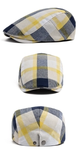 Detailed views of checkered beret cap with plaid patterns and metal buckle hardware