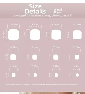 Detailed size chart showing 12 different dimensions for silver glitter press-on toenails