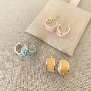 Sweet Korean style enamel hoop earrings with bow details in pink, blue, and yellow
