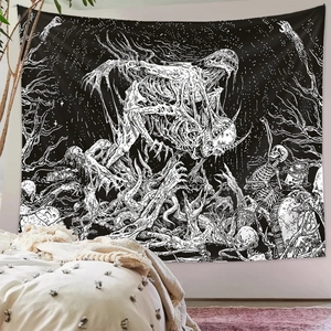 Gothic black and white skull tapestry hanging above a bed for aesthetic room decoration