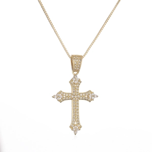18K gold-plated cross pendant necklace with sparkling cubic zirconia on white background