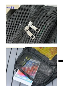 Detail view of black mesh backpack with double zippers holding a small tablet