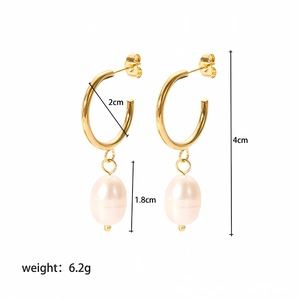 18k gold plated stainless steel hoop earrings with large pearl pendants for women