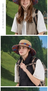 Khaki Outdoor-Sonnenhut mit ethnischem geometrischem Muster und winddichtem Kordelzug