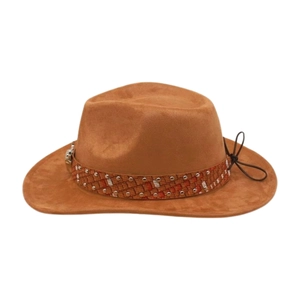 Detailed view of the brown suede cowboy hat with studded braided band and leather tie