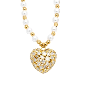 Elegant gold heart pendant pearl necklace with white zircon insets and beads