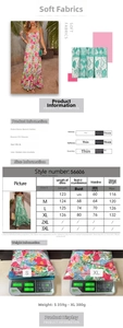 Detailed size chart for sleeveless print maxi dress including length and bust measurements