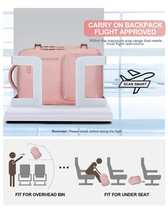 Mochila de viaje rosa de gran capacidad cabe en el compartimento superior y bajo el asiento