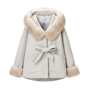 Manteau En Laine À Capuche Pour Femmes Col En Fausse Fourrure Mi Long Ceinture À Nœud Automne Hiver Chaud Gris Clair