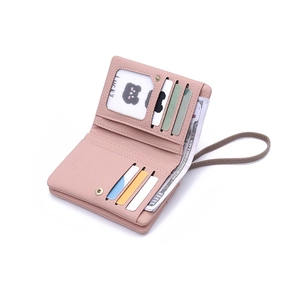 Pink multi-functional large capacity women wallet with double zippers and wrist strap