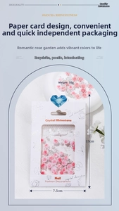 Detailed view of pink resin rose nail charms with silver beads in 10g card packaging