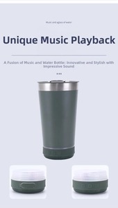 Detail of the green insulated tumbler showing integrated Bluetooth speaker base and controls