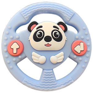 Blue silicone baby teether featuring a cute cartoon panda with pink directional buttons