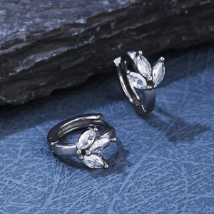 Silver stainless steel huggie earrings featuring marquise-cut white zircon leaf cluster