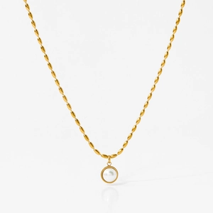 Elegant gold-tone beaded necklace featuring a geometric round pearl pendant on white background