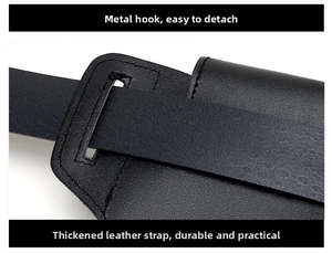 Detail of durable black leather belt loop with metal hook and reinforced stitching
