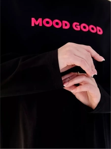 Γυναικείο T-shirt 2025 φθινόπωρο μαύρο μακρυμάνικο βαμβακερό με ροζ MOOD GOOD τύπωμα