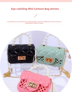 Detail of mini quilted jelly bags with pearl handles and hollow pattern decoration