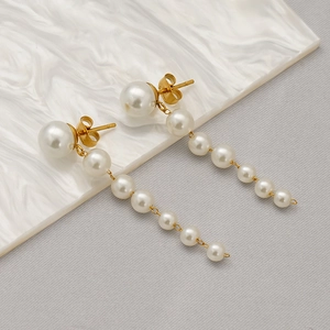 Elegant 18k gold plated stainless steel pearl tassel drop earrings for women