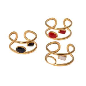 Three gold adjustable double-layer rings with black, red and white enamel oval inserts