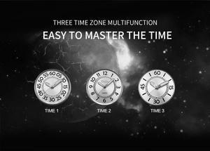Detailed view of quartz watch showing three independent time zones on silver metal dials
